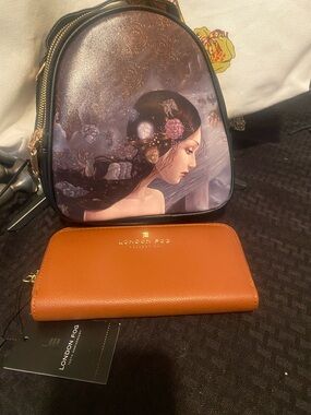 London Fog Tan Leather Zip-Around Wallet 8x4” w/mini backpack 7x9”